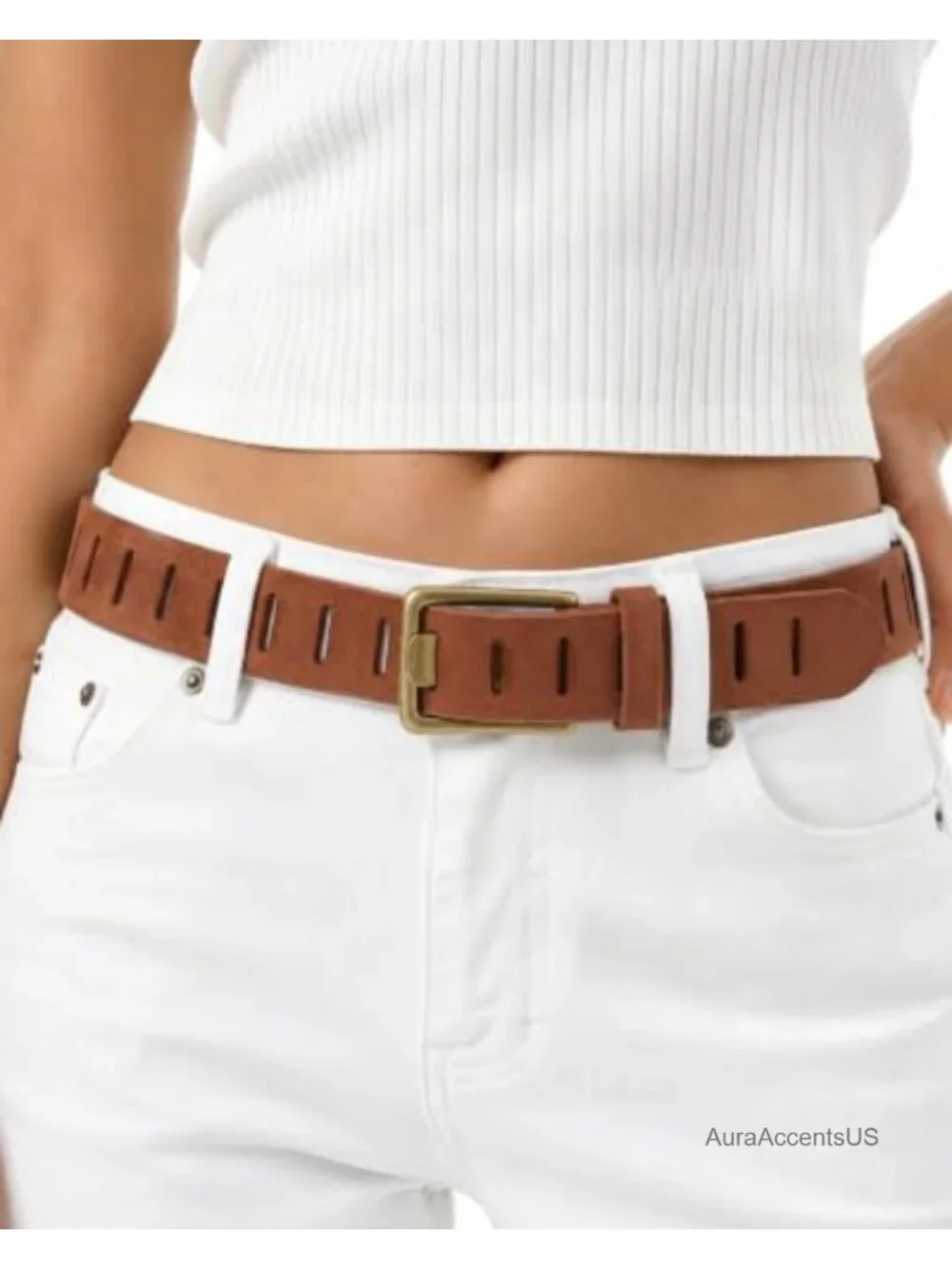 Women's Genuine Leather Western Belt with Vintage Gold Buckle, 1.5